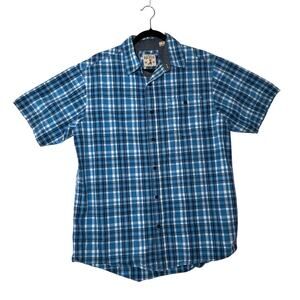 RED HEAD Plaid Button Down Shirt Mens Large Blue Short Sleeve Cotton Casual